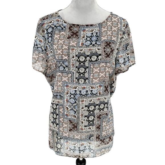 J. Jill Tops - J Jill Top Womens Large Ivory Blue Sheer Blouse Back Pleats Whimsy Boho Chic